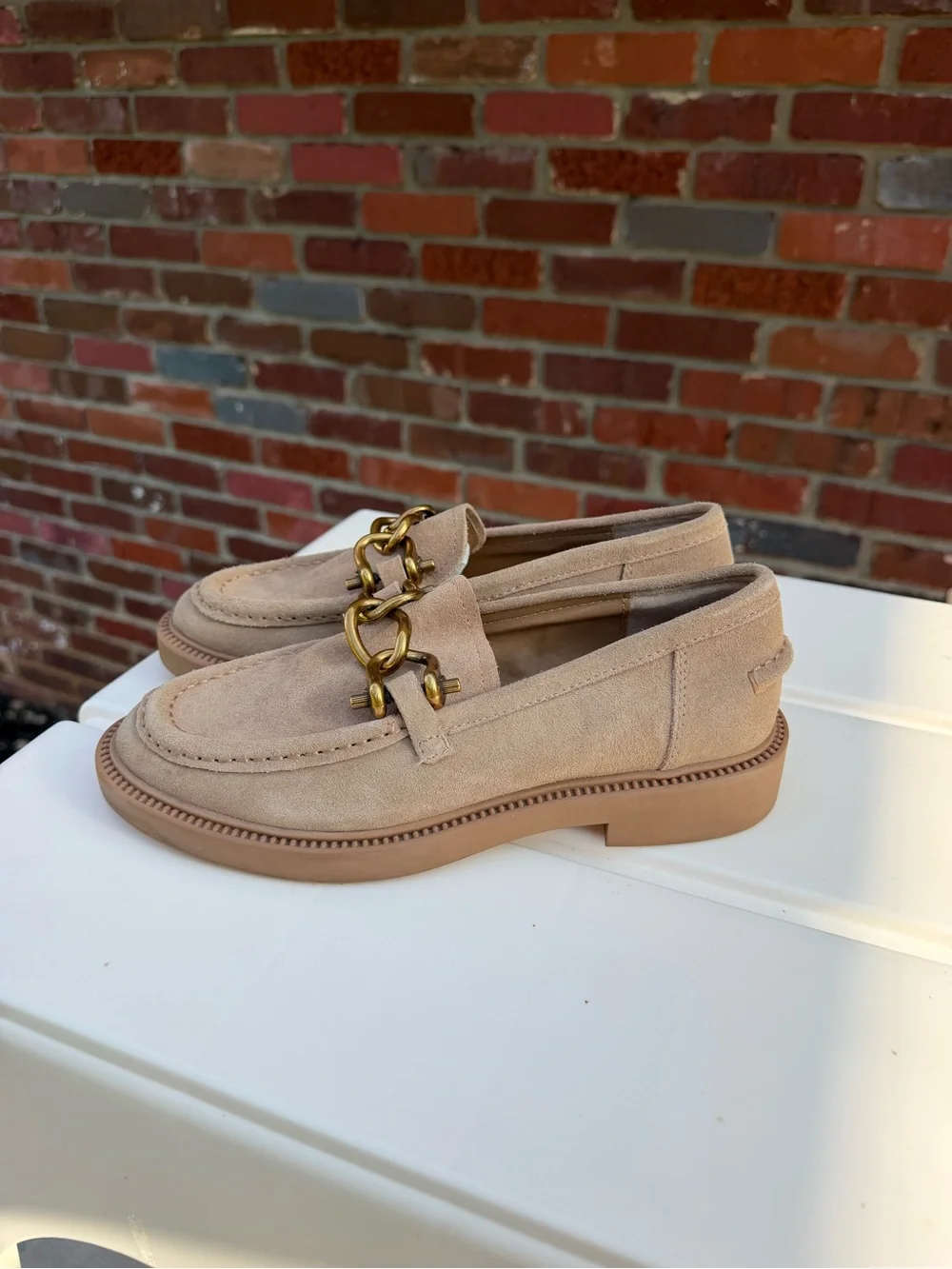Steve Madden Women’s Suede Loafers in Taupe with Brass Chain